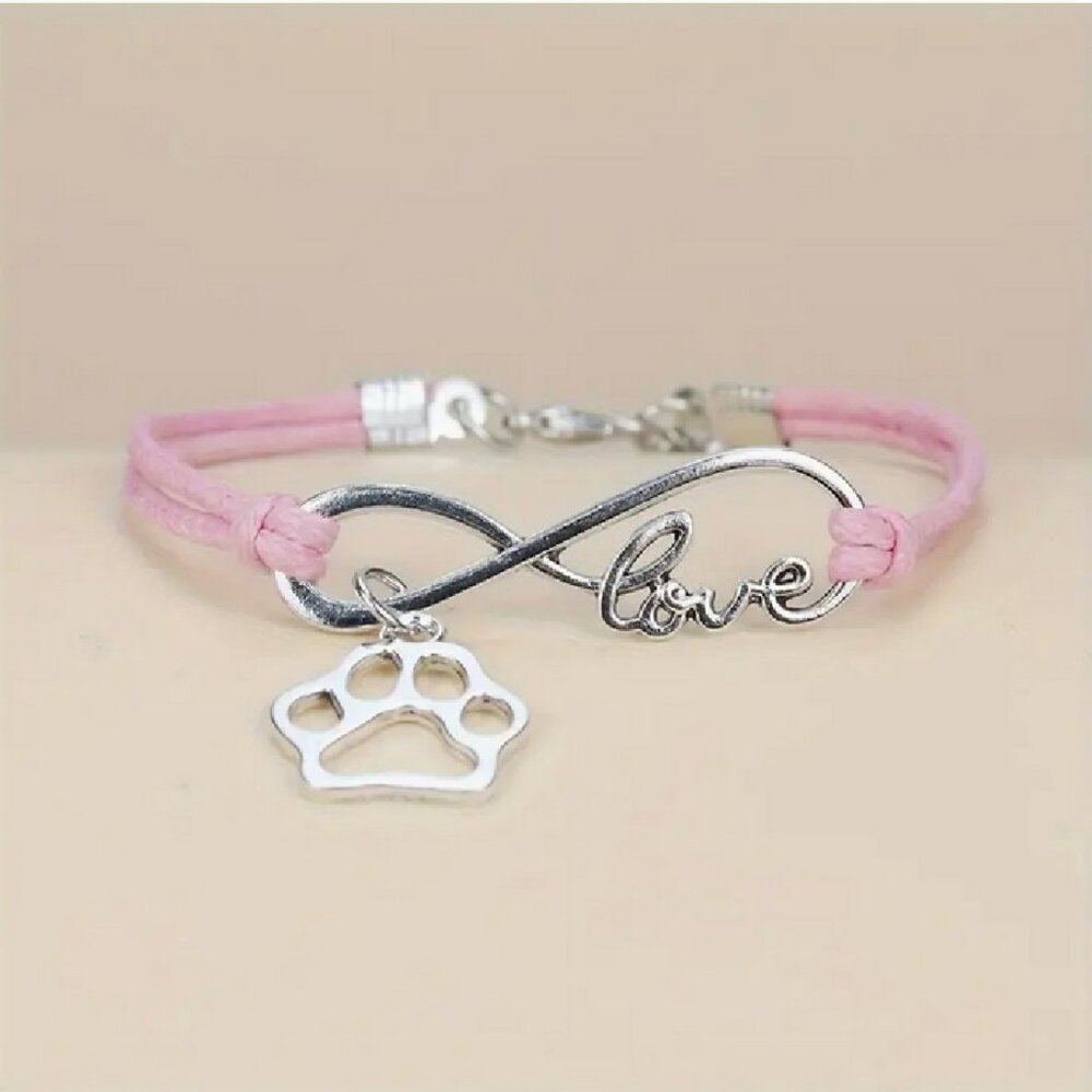 NWT Paw Dog Cat Animal Lover Love Heart Infinity Bracelet Pink Cord Silvery 7-9"